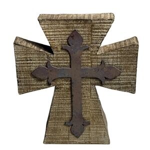 Rustic Faith Wood Look Cross with Metal Overlay Decorative‎ Religious Home Decor
